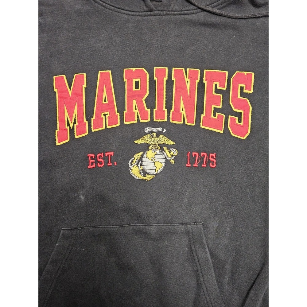 Vintage Marine Simper Fi Black Hoodie Size X-Large Sleeve Spellout MV Sport - Picture 2 of 8